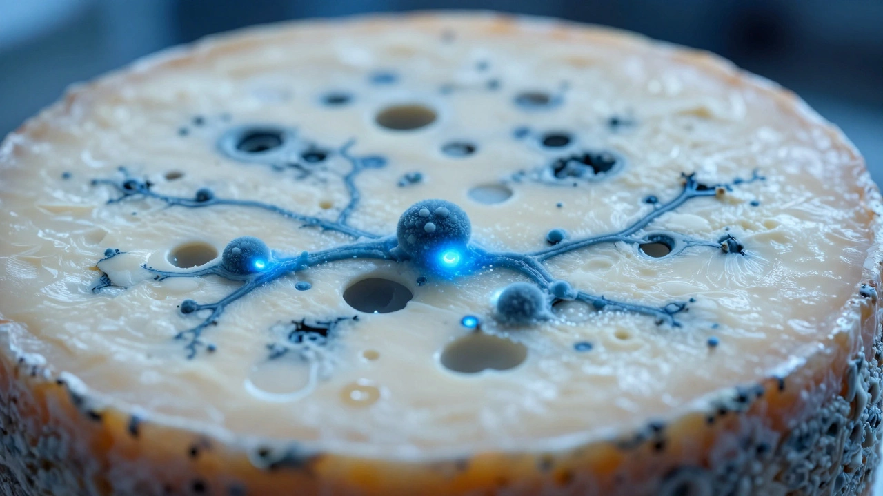Close-up artistic view of blue mold veins growing through the interior of a cheese wheel.