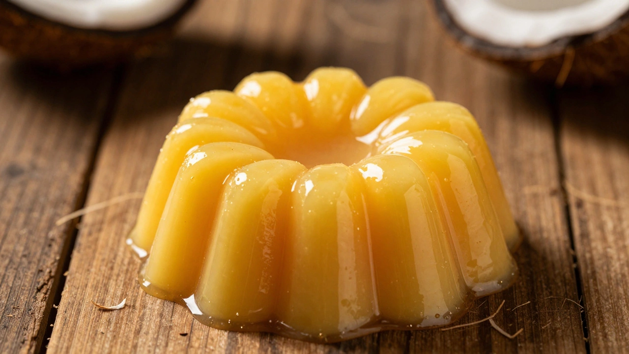 Close-up of a bright yellow, glossy Quindim custard in a fluted shape
