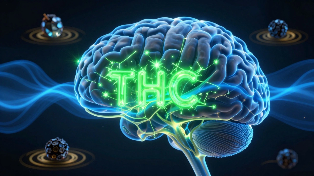 Conceptual 3D render of blue CBD waves neutralizing green THC sparks in the brain.