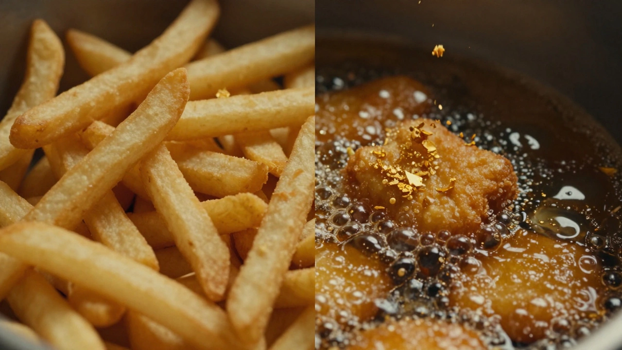 Conceptual image of fries and chicken nuggets sharing a fryer