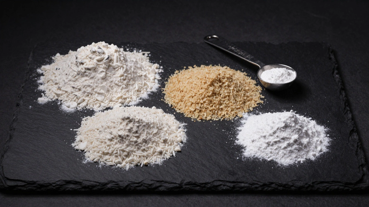 Different gluten-free flours and xanthan gum powder arranged on a dark slate surface