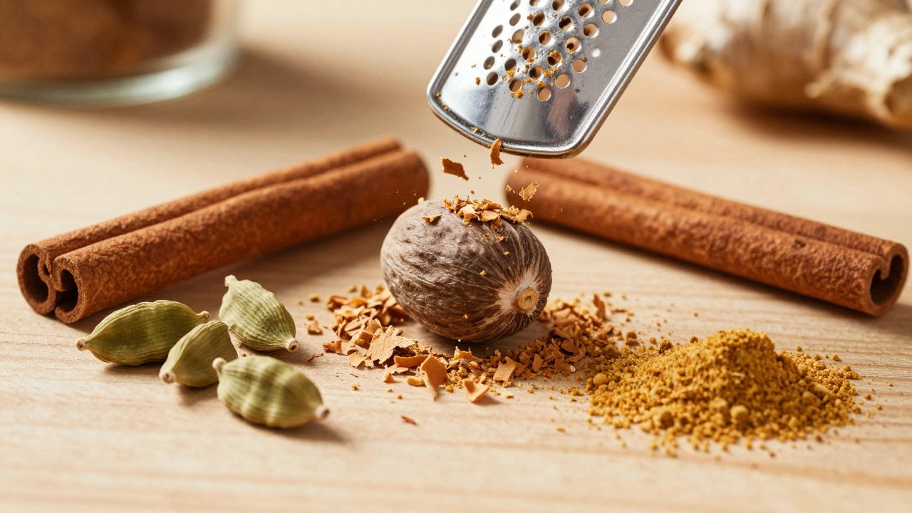 Freshly grated nutmeg, cinnamon sticks, and cardamom pods on a wooden counter