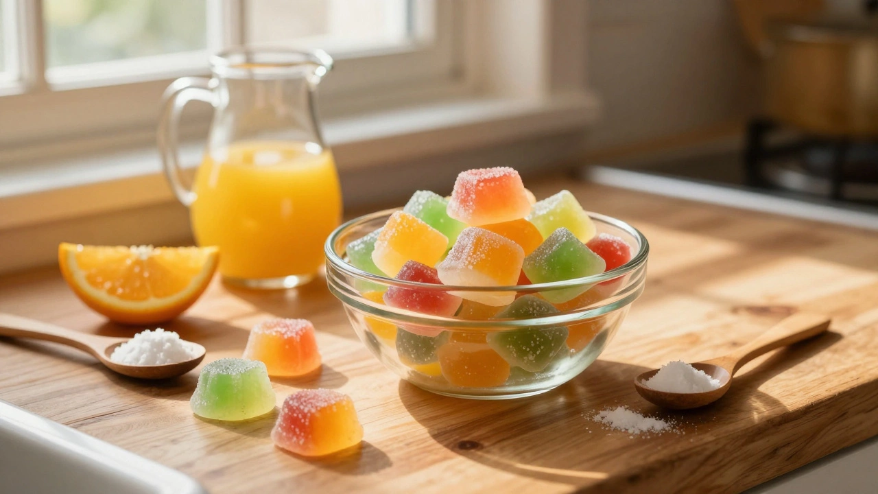 Homemade vegan fruit gummies in a glass bowl on a rustic wooden counter.