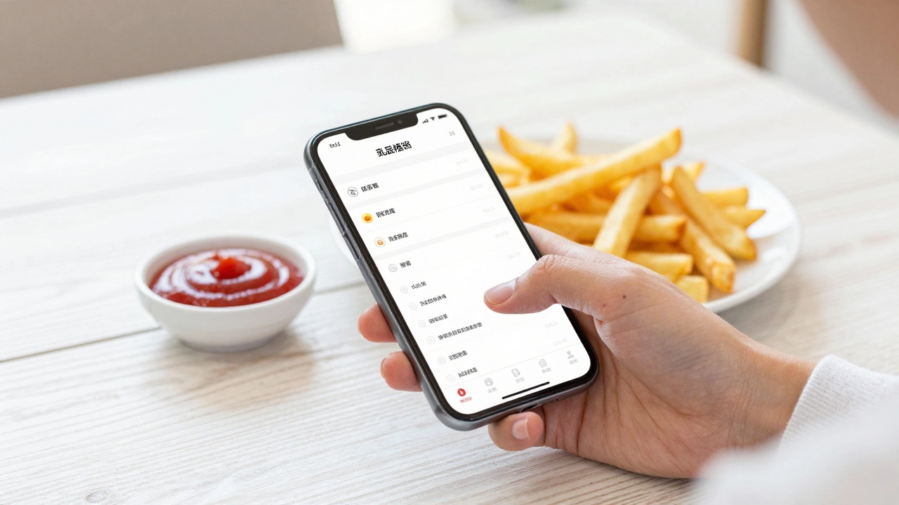 Person checking ingredients on a phone next to a plate of fries