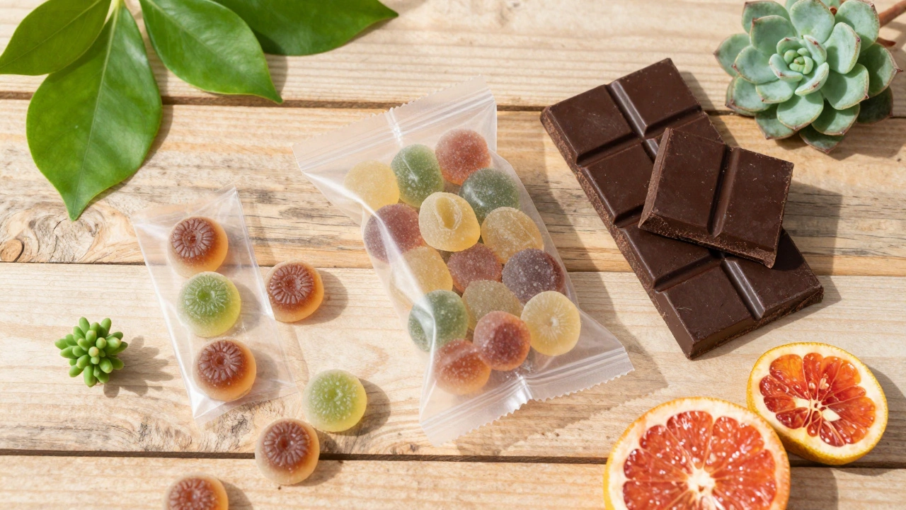 Assortment of vegan-friendly candies and dark chocolate on wood