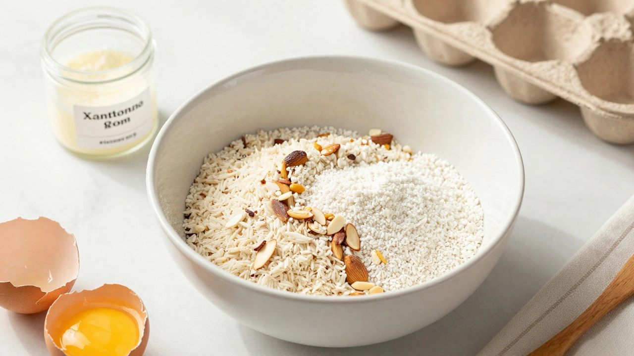 Baking ingredients for gluten-free cakes including almond flour and xanthan gum