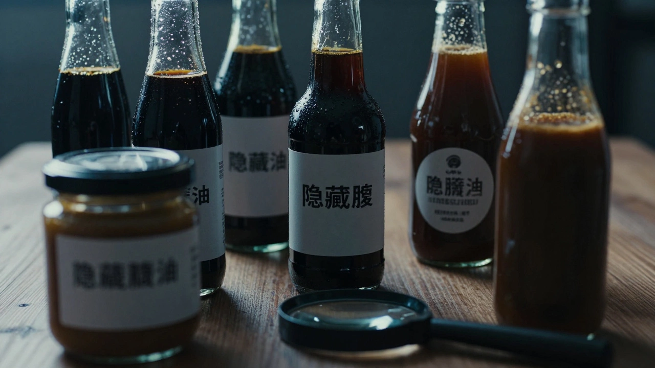 Bottles of sauces with a magnifying glass inspecting labels