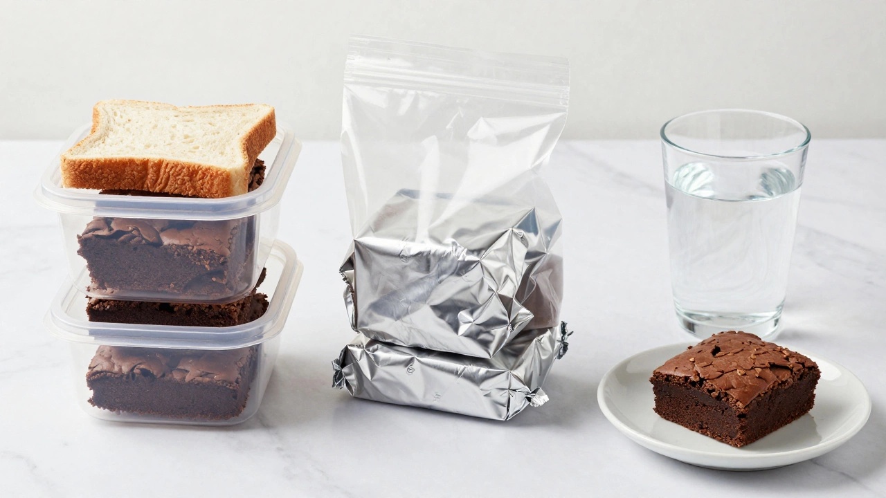 Brownies stored in containers, foil, and bags for room temp, fridge, and freezer.