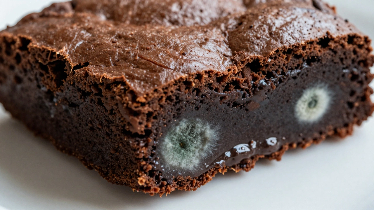 Close up comparison of fresh moist brownie versus dry and moldy spoiled brownie.