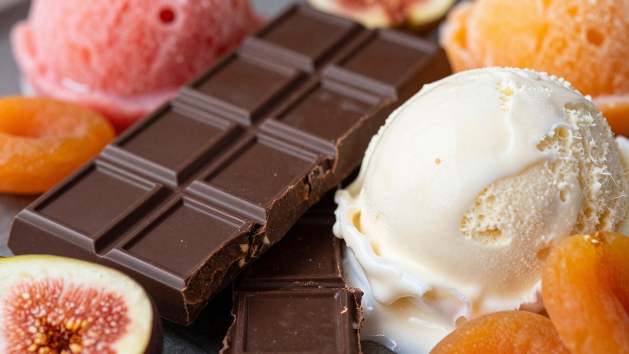 Close-up of dark chocolate, coconut ice cream, and dried fruits
