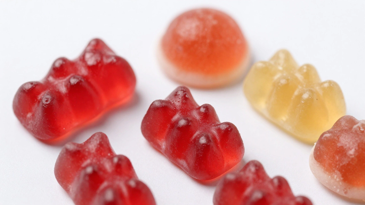 Close-up of gummy bears and hard candies showing glossy textures