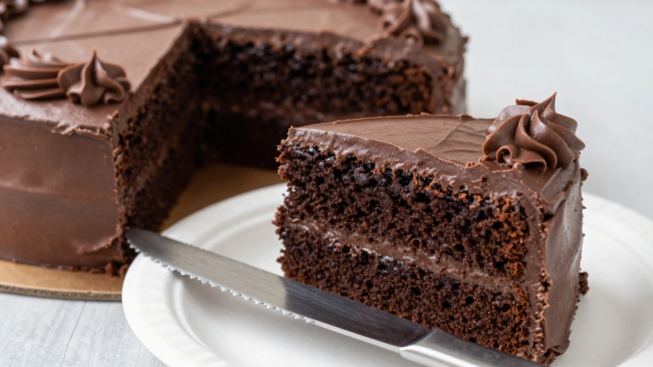 Close-up of sliced chocolate half-sheet cake with ganache frosting on a plate