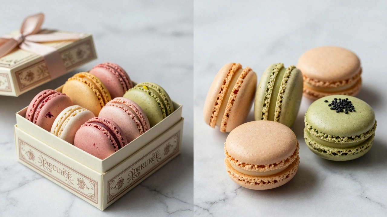 Comparison of classic Ladurée and innovative Pierre Hermé macarons.
