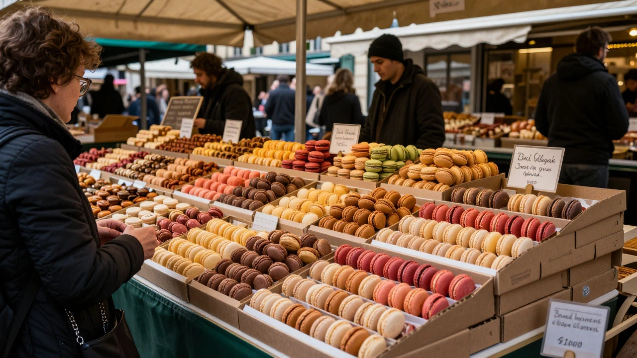 Fresh macarons displayed at a local Parisian market stall for sale.
