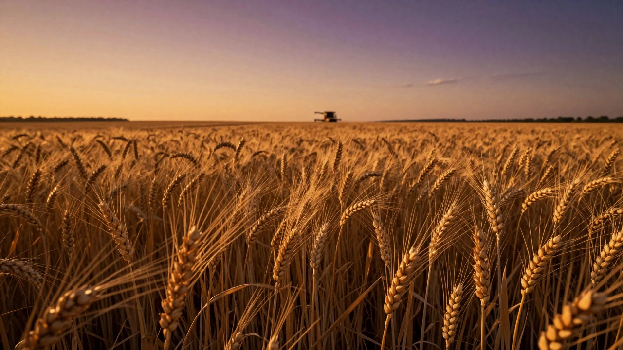 Golden wheat field at sunset with a distant combine harvester