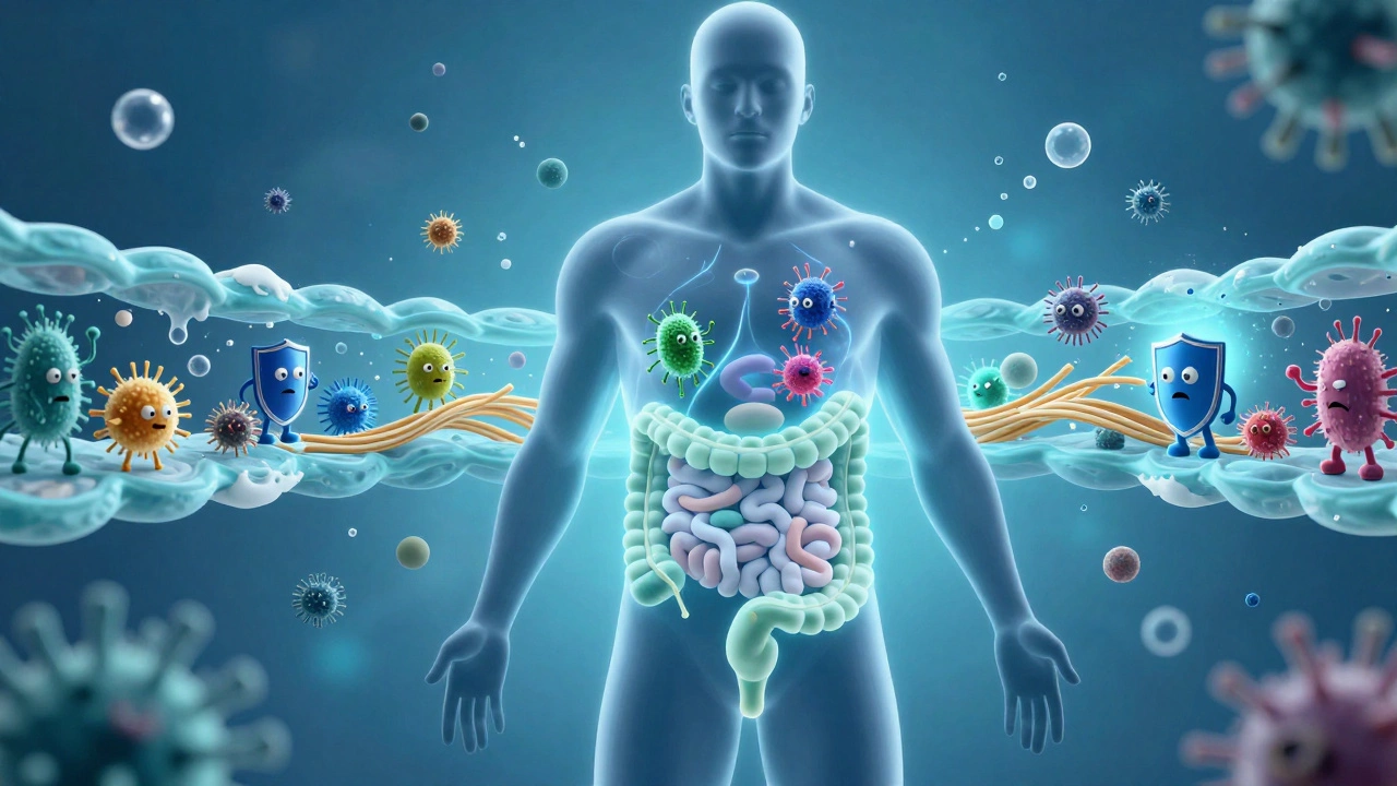 Illustration of gut microbiome and immune response to gluten in the intestine