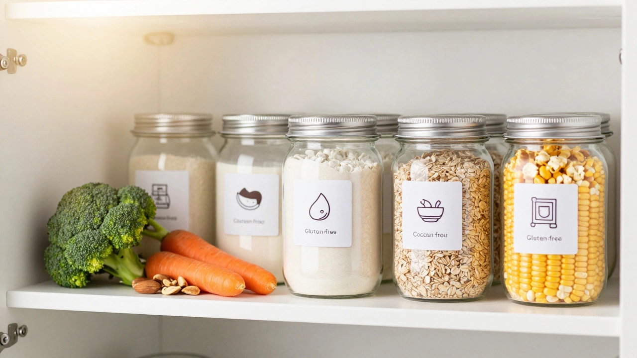 Organized pantry shelf with gluten-free flours and fresh food
