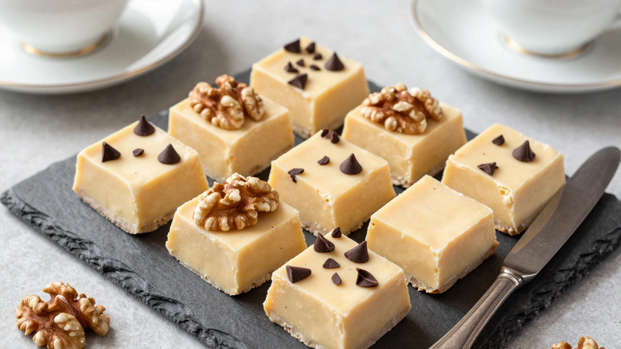 Perfectly set smooth fudge squares with nuts on a slate board