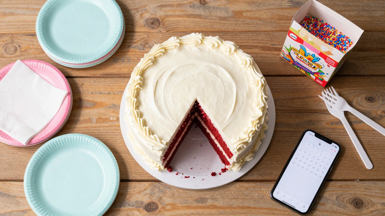 Red velvet half-sheet cake surrounded by party supplies on a wooden table