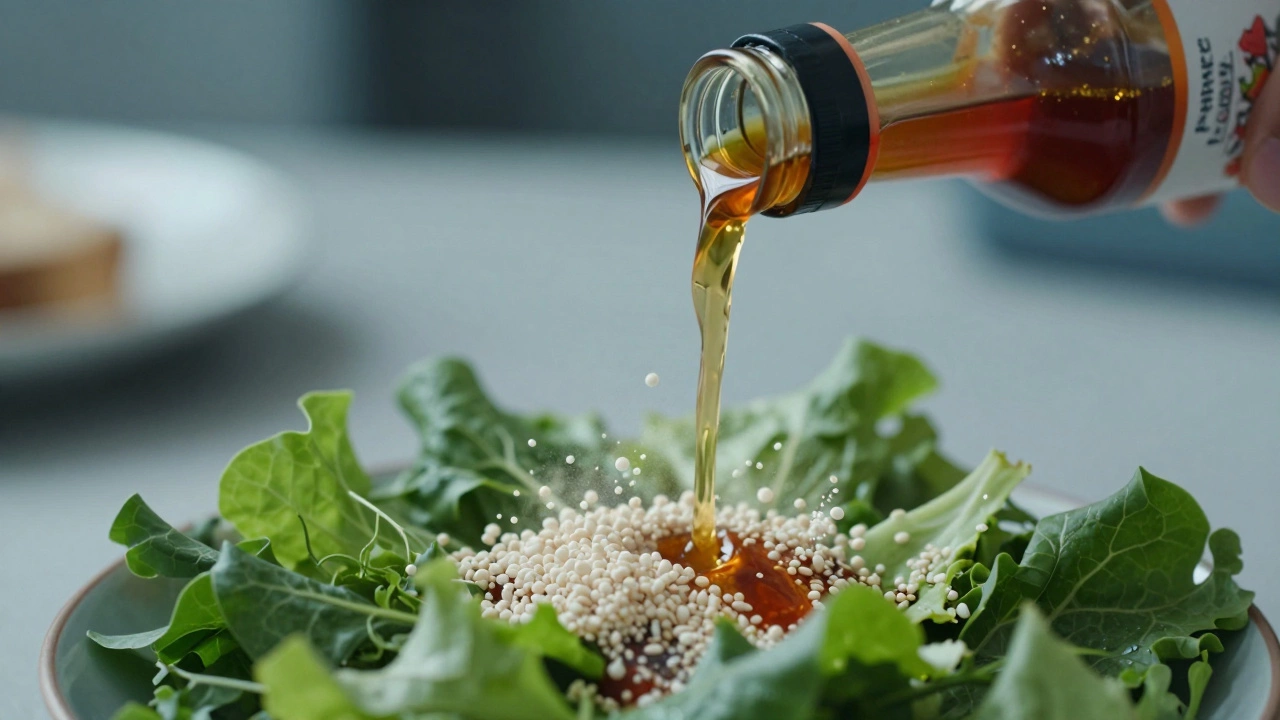 Salad dressing pouring over greens with a conceptual overlay of hidden gluten