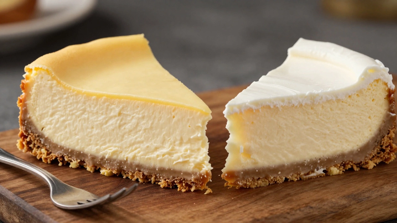 Side-by-side comparison of dense double cream cheesecake and fluffy whipping cream cheesecake slices.
