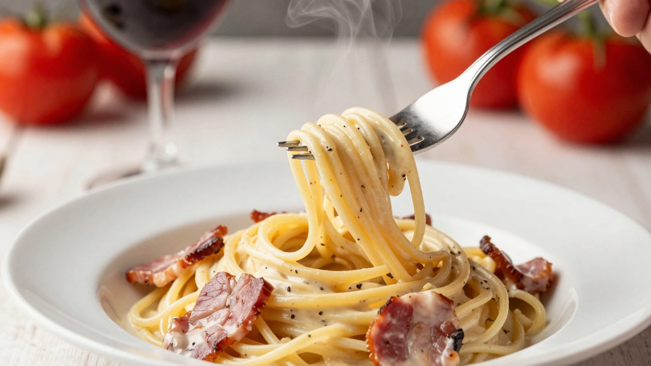 Spaghetti carbonara being twirled on a fork to show proper eating technique