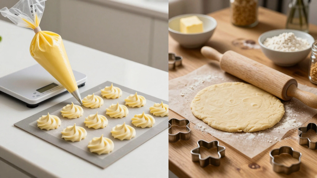 Split view of macaron piping tools versus alfajor dough rolling setup.