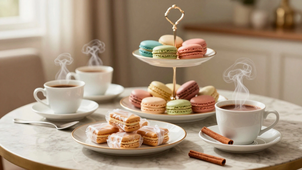 Tiered macarons for tea next to alfajores and hot chocolate.