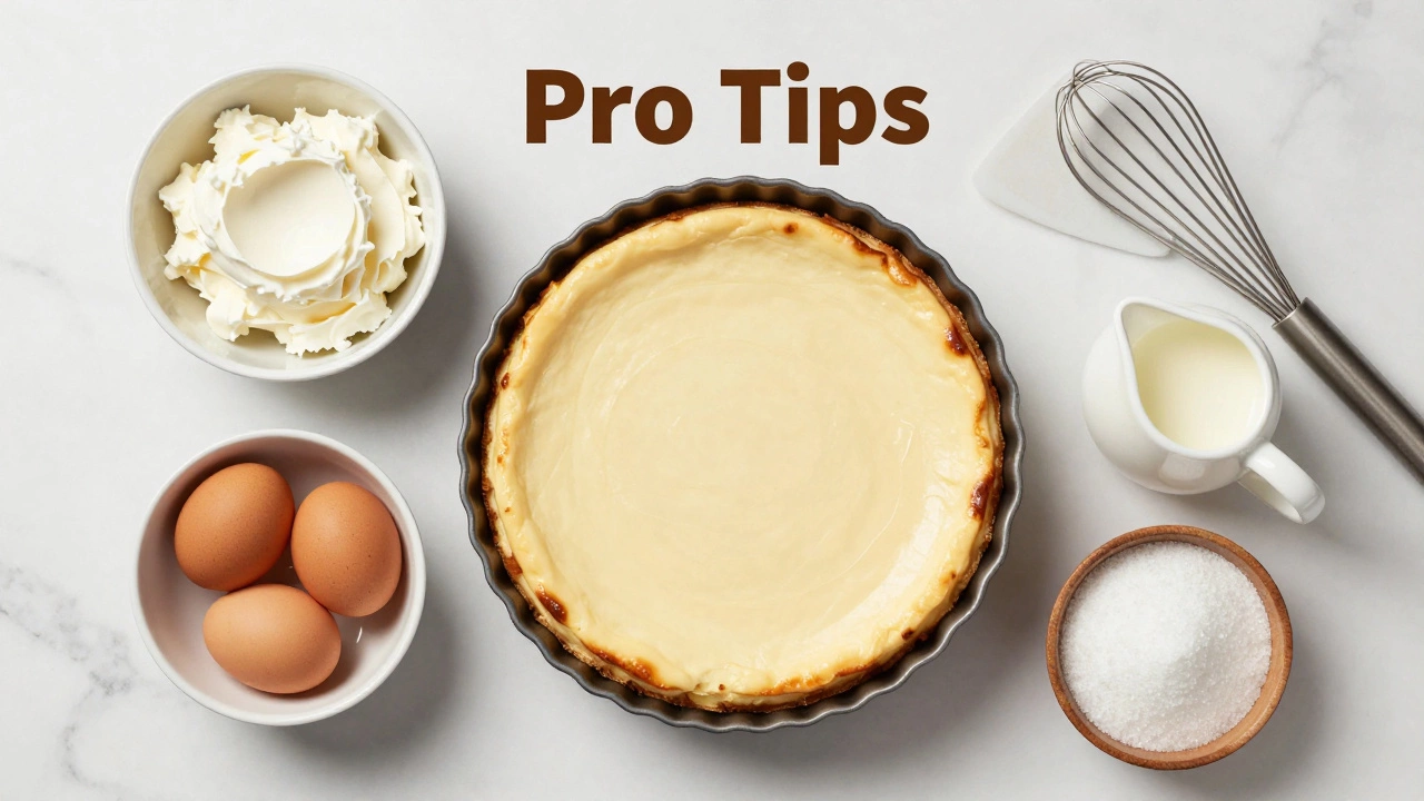 Top-down view of organized cheesecake ingredients and a baked cake on a marble countertop.