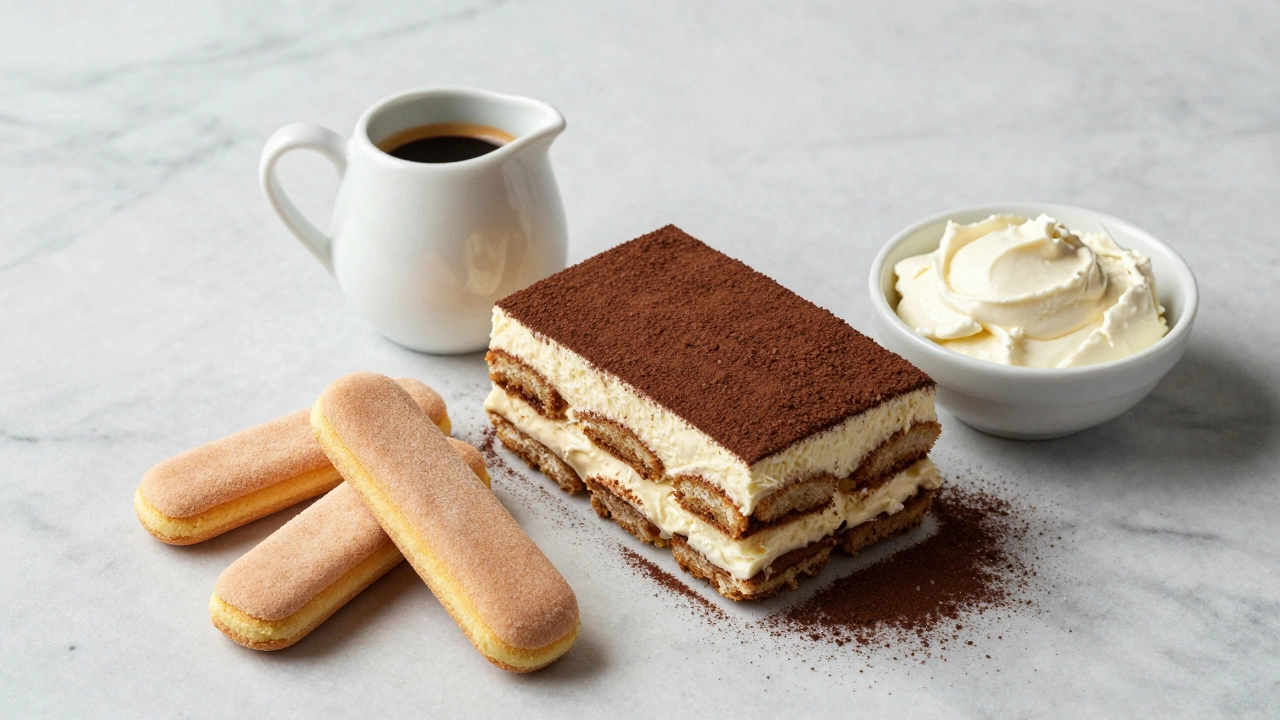 Traditional tiramisu ingredients including ladyfingers, espresso, and mascarpone