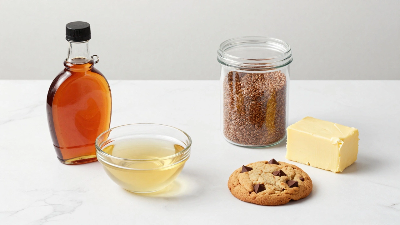 Vegan baking staples like maple syrup, aquafaba, and flax seeds