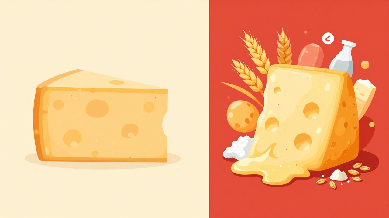 Visual comparison of natural cheese versus processed cheese with hidden wheat ingredients