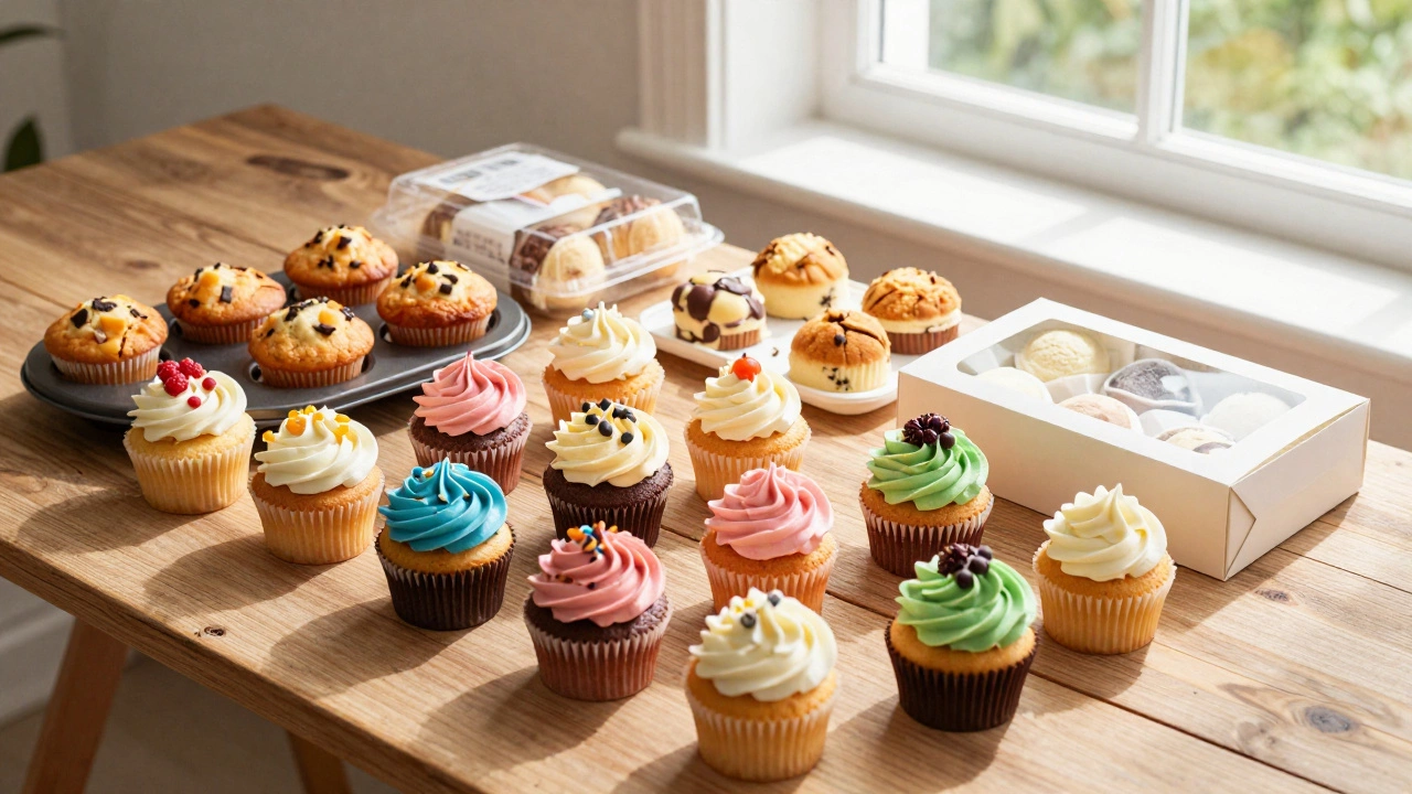 Assortment of cupcakes, muffins, and frozen cakes on a wooden table
