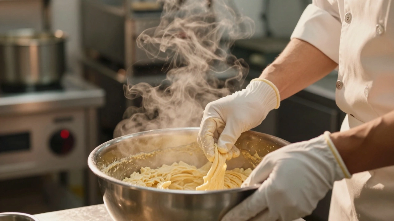 Baker's hands mixing cake batter in a commercial kitchen setting
