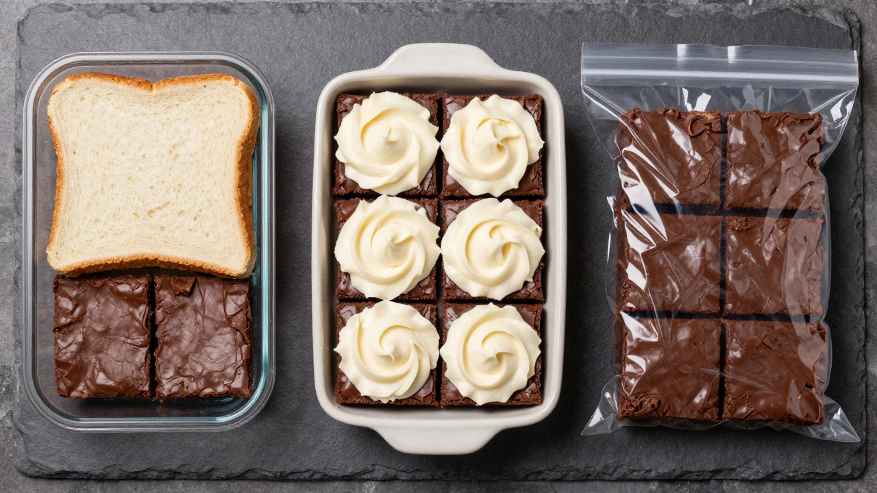 Brownies stored in containers with bread, frosting, and freezer bags