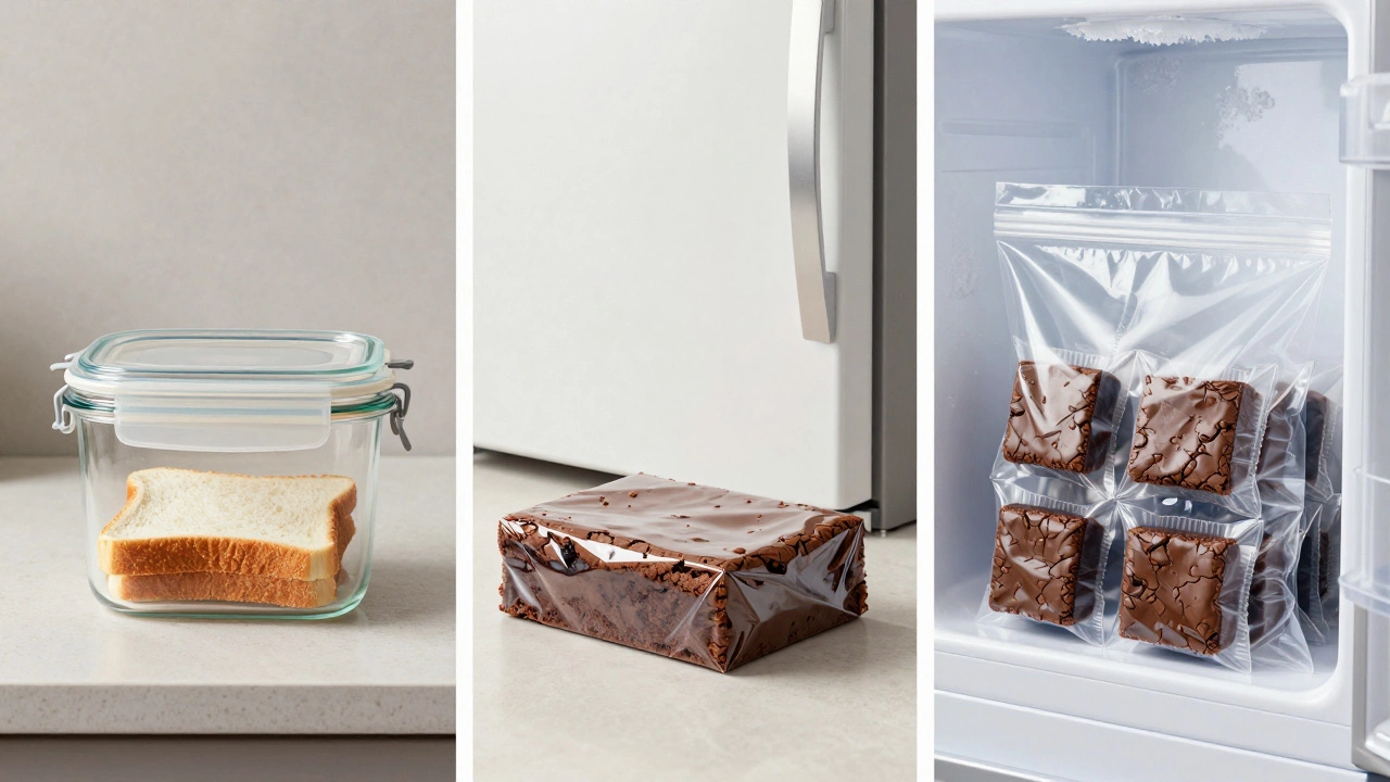 Brownies stored in three ways: airtight container, fridge-wrapped, and frozen bags.