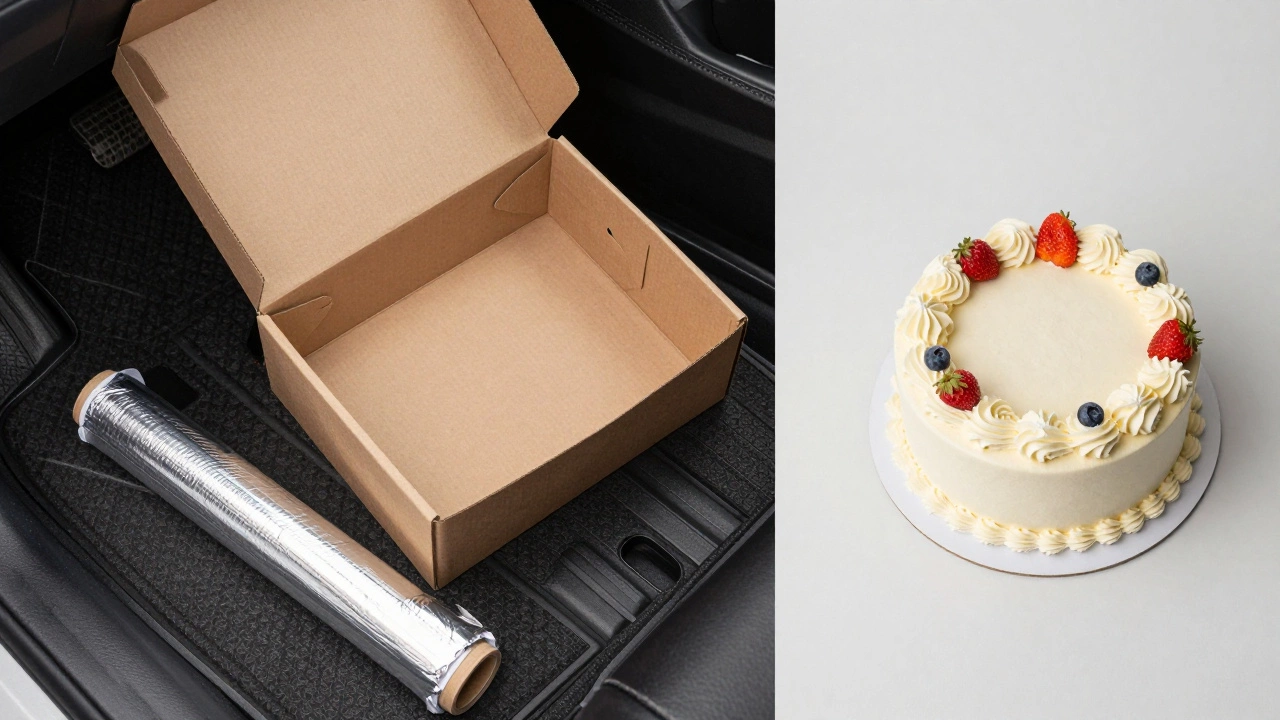 Cake in a cardboard box with plastic wrap and foil for storage