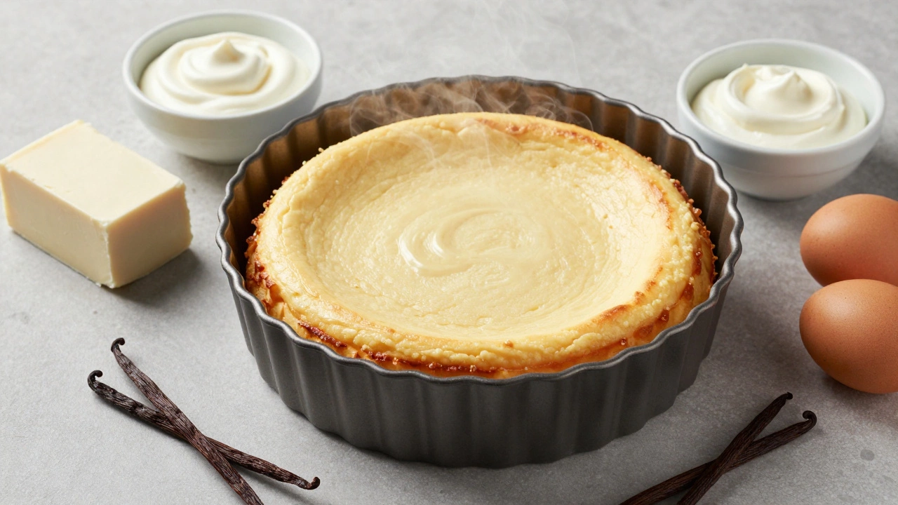 Cheesecake baking in a water bath with ingredients