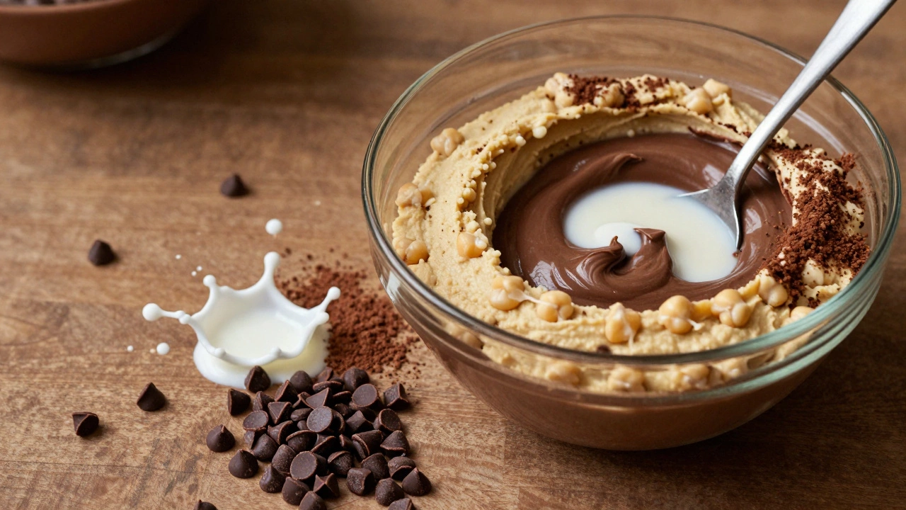 Chocolate hummus dessert mixture with cocoa powder and chocolate chips