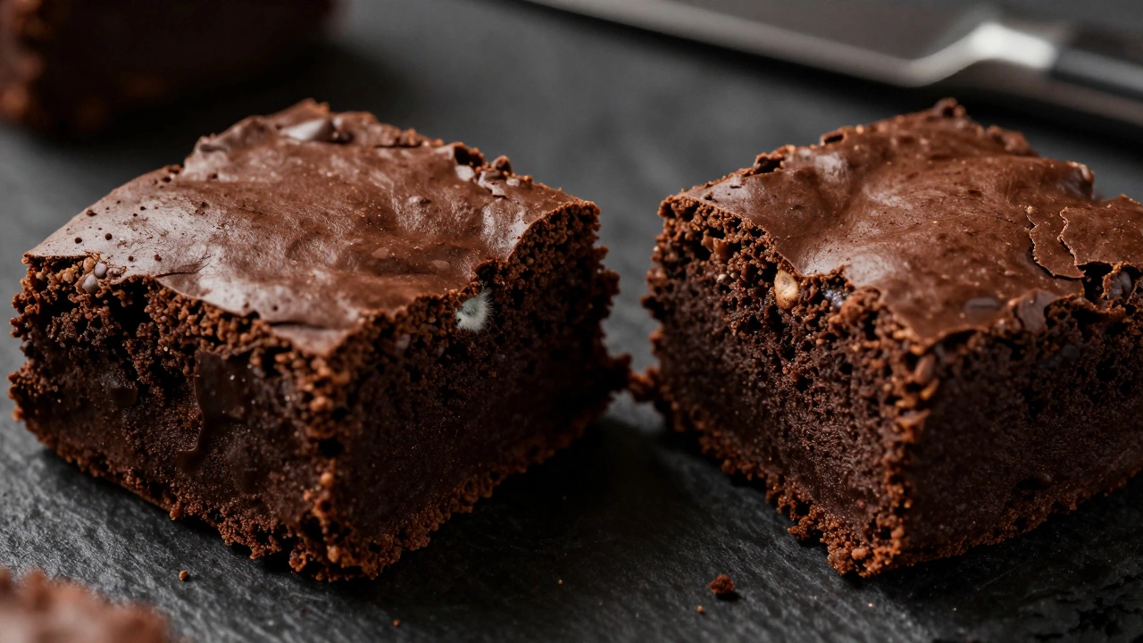 Close-up inspection of a brownie slice showing fresh texture versus potential spoilage.
