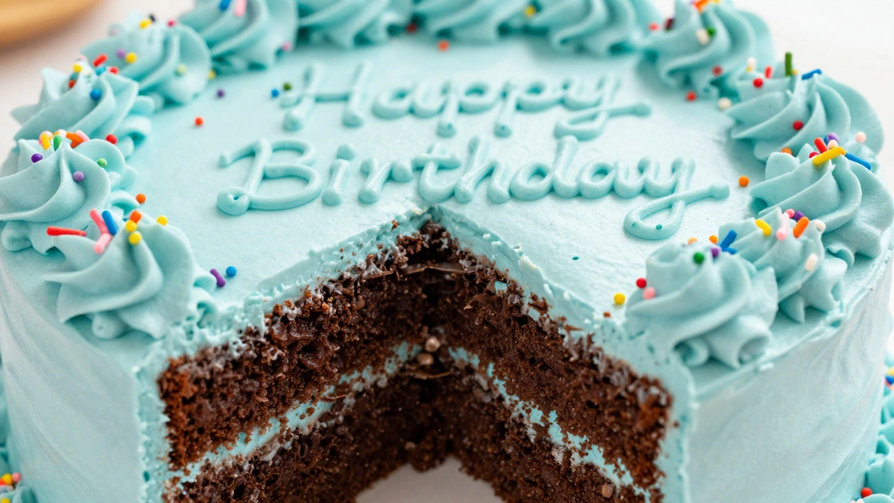 Close-up of a moist chocolate sheet cake with blue buttercream and sprinkles