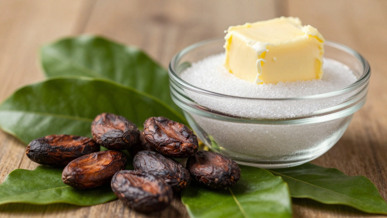 Cocoa beans next to sugar and butter showing ingredient contrast