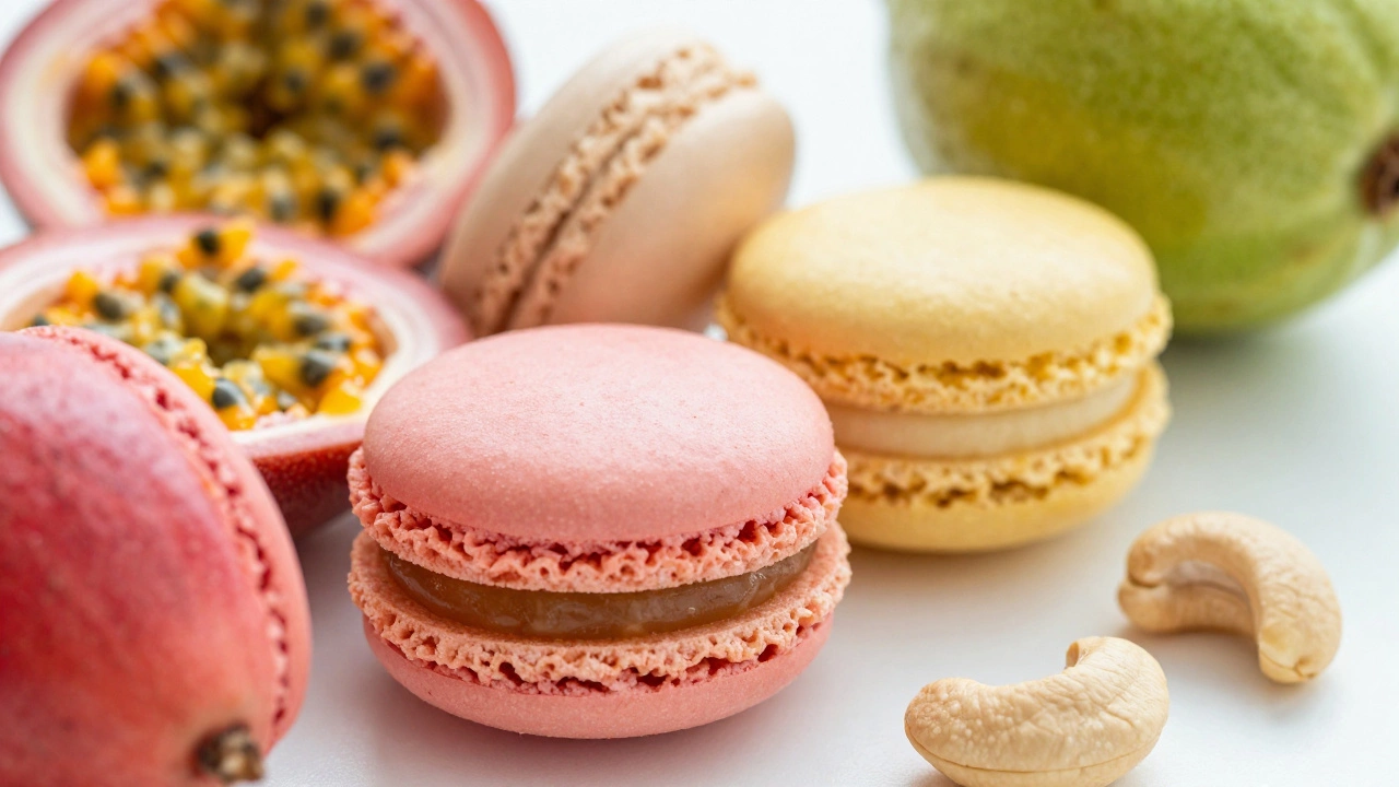 Colorful macarons with guava and passion fruit fillings next to fresh ingredients