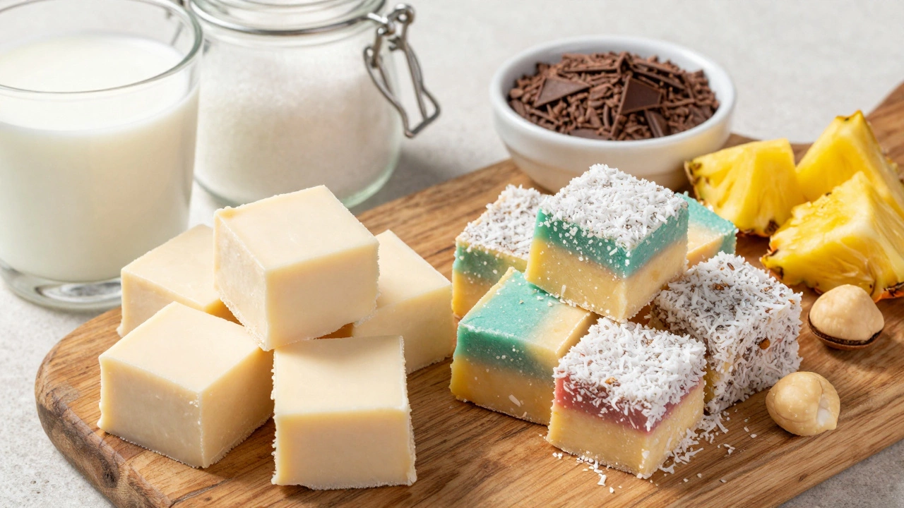 Comparison of classic vanilla fudge and tropical coconut fudge with garnishes