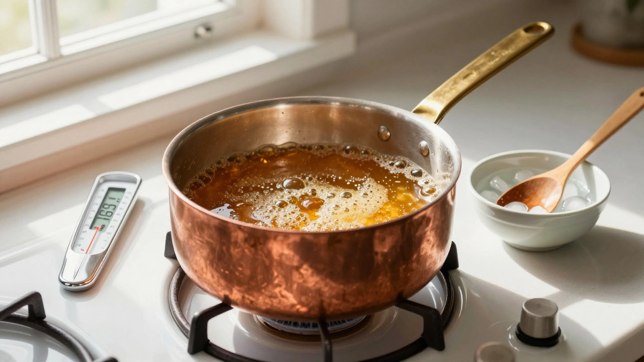 Copper pan with melting fudge and candy thermometer on stove