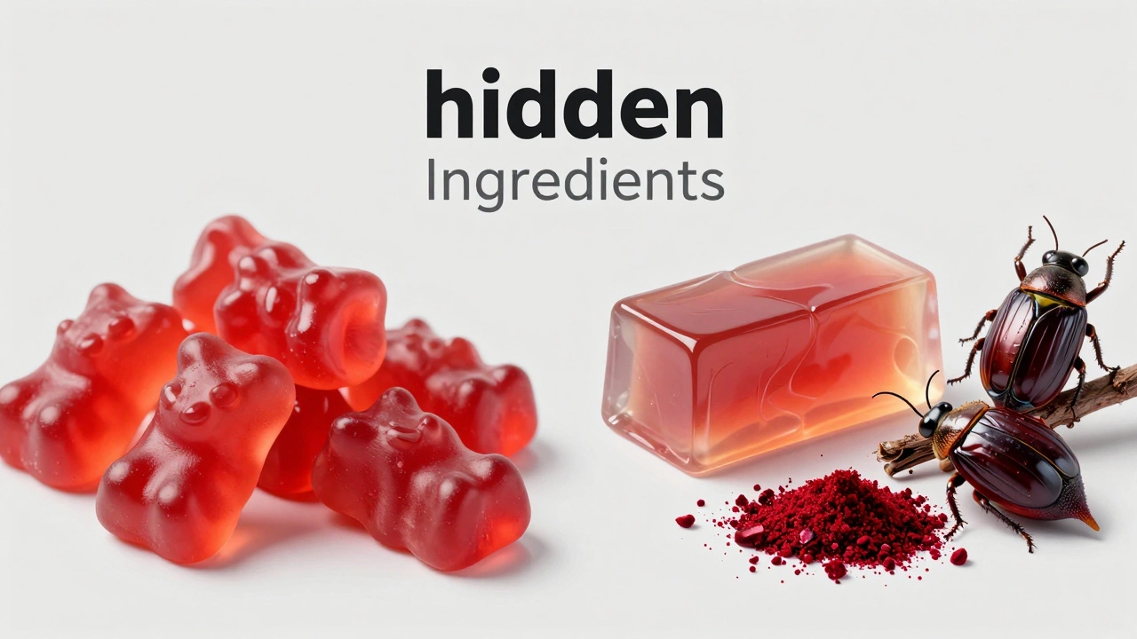 Gummy candies and hard sweets with abstract animal ingredient sources