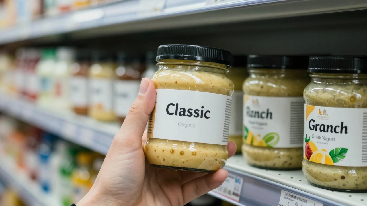 Hand choosing classic hummus over dairy-flavored varieties in a grocery store