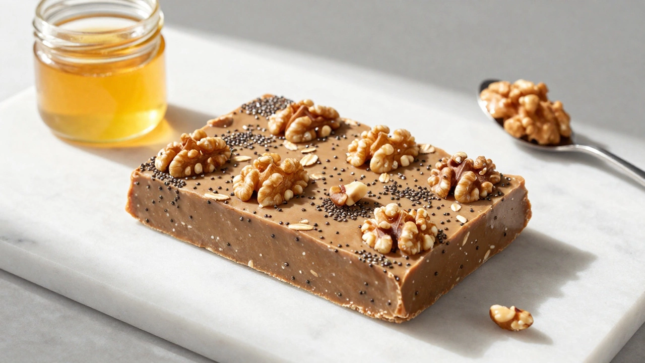Healthy homemade fudge with nuts, seeds, and honey on marble