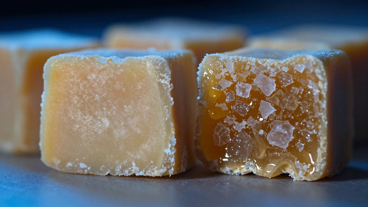 Macro view showing smooth vs grainy fudge textures due to ingredient differences