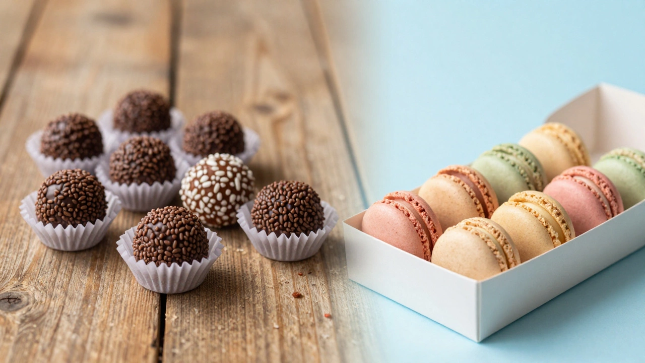 Split image comparing traditional Brazilian brigadeiros with modern French macarons
